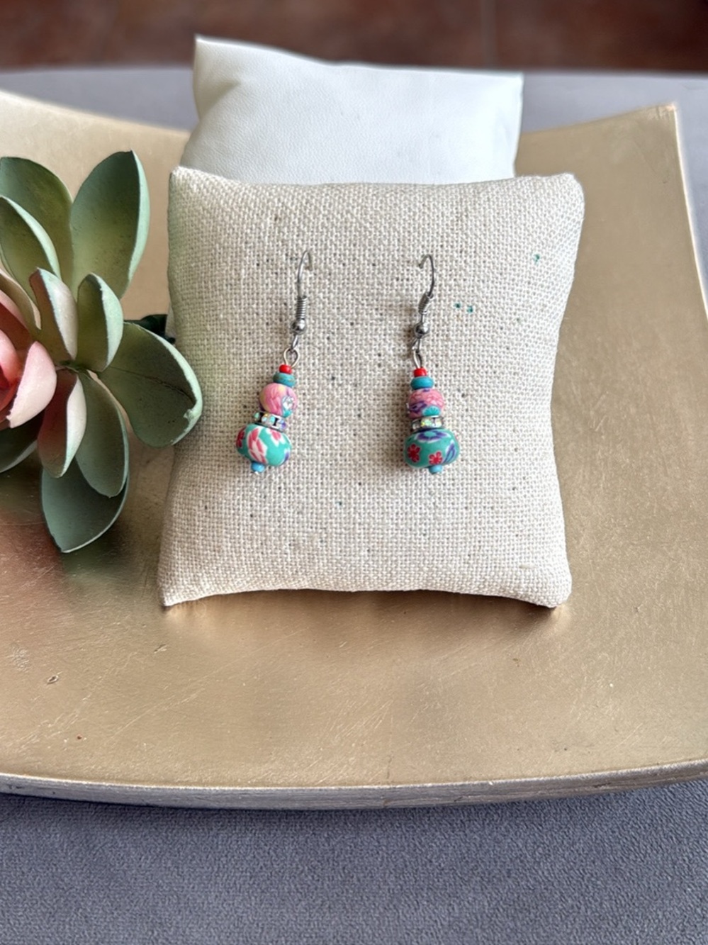 Delicate Handmade Turquoise & Pink Floral Bead Drop Earrings